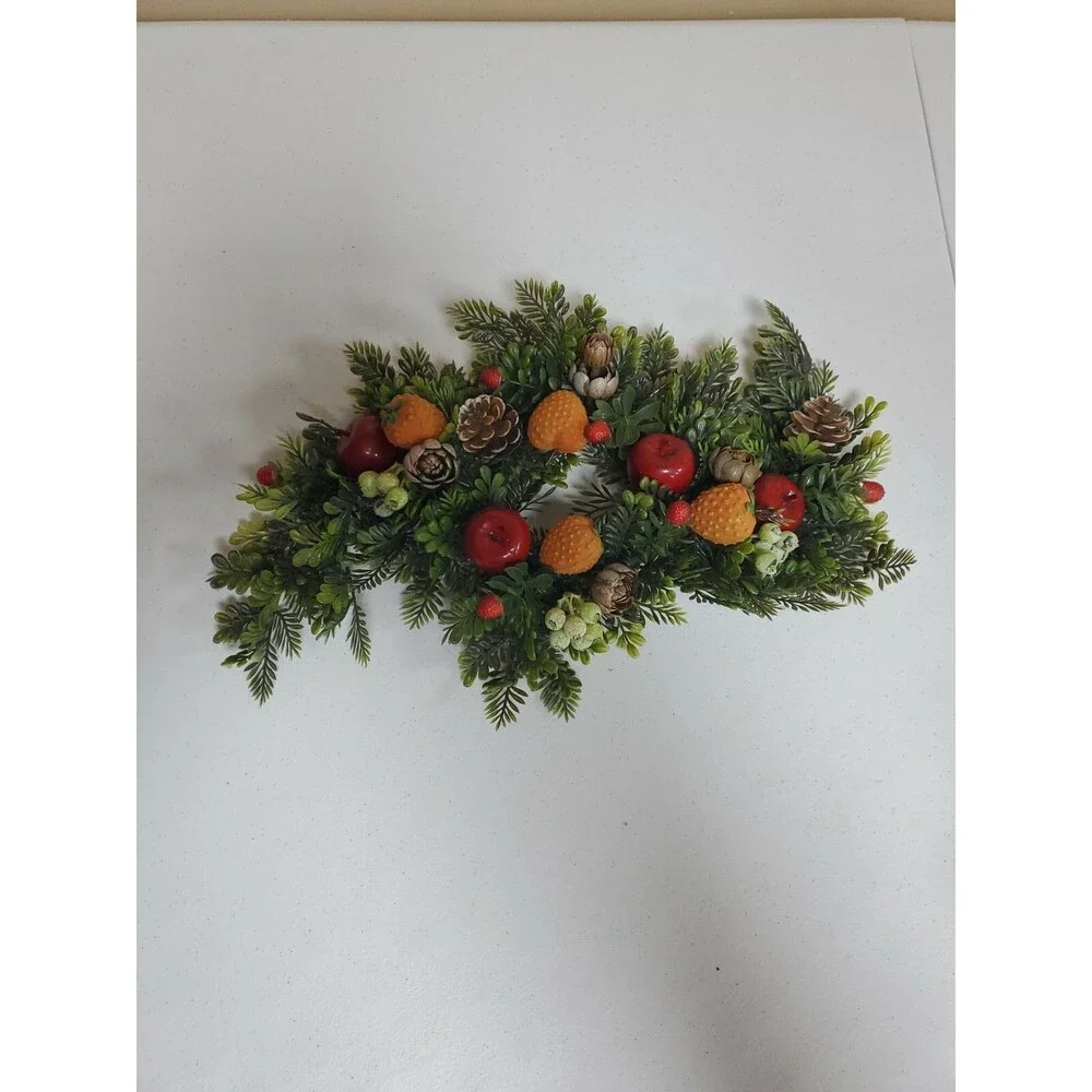 Vintage Plastic Christmas Candle Ring Apples Berries Pinecones Evergreen